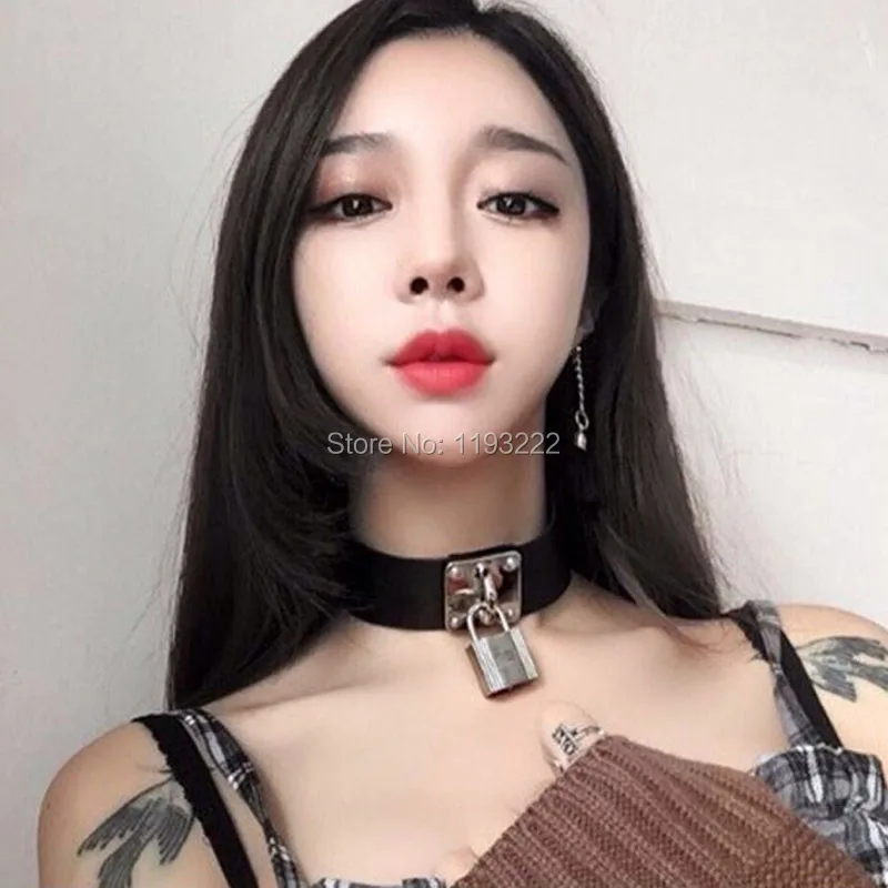 

Punk Harajuku Handmade Heavy Metal Square Lock Key Lockable Leather Choker Collar Necklace
