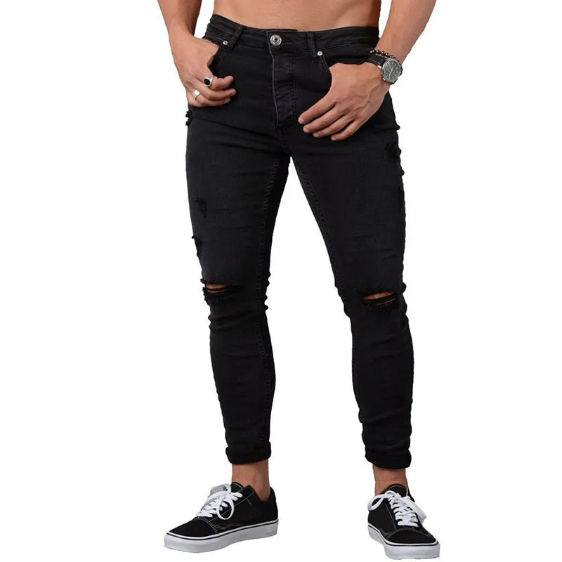 Новые Стрейчевые мужские обтягивающие Стрейчевые состаренные джинсы, рваные зауженные джинсы