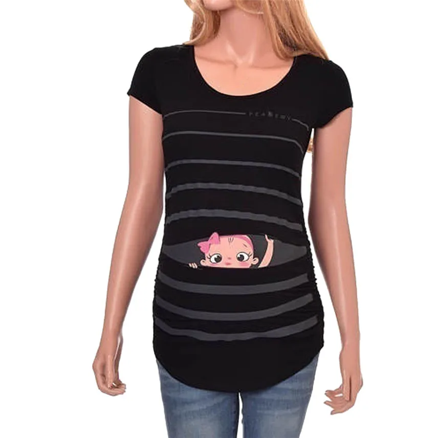 Maternity Cute Funny Baby Print Striped Short Sleeve T-shirt Pregnant Tops Gifts Dropshipping vestido de maternidad Y*