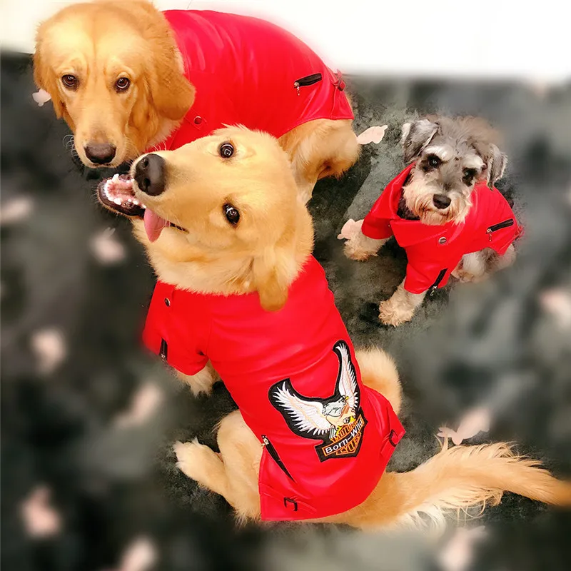

Waterproof Big Large Dog PU Leather Jacket Soft Pet Coat Eagle Trim Autumn Winter Overcoat Sport Outerwear Clothing For Huge Dog