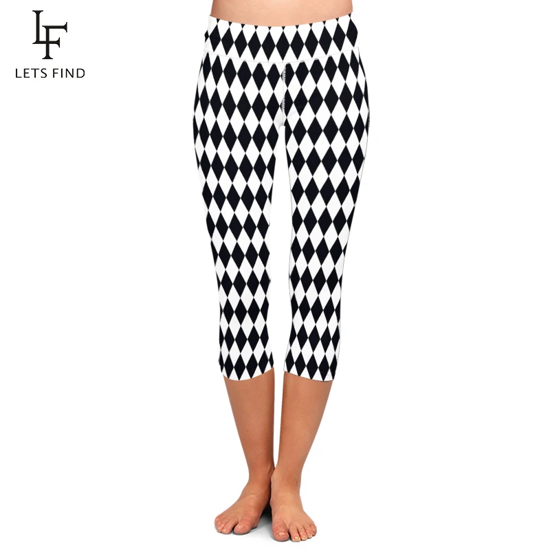 Summer Women High Waist Capri Leggings Fashion Black and White Diamond Lattice Print Pants Mid-Calf 3/4 Casual Stretch Leggings