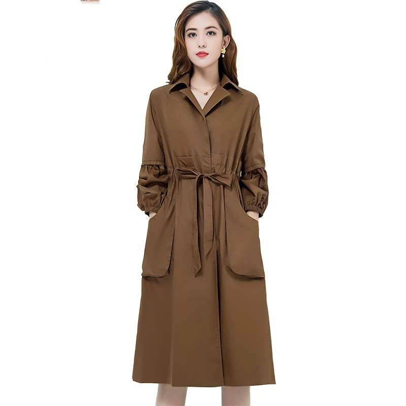 

2019 Spring Autumn New Women's Trench Coat Belt Loose Windbreaker Solid Pockets Long Warm Raincoat Overcoat Clothes Big Size M19