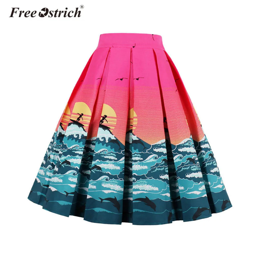 

Free Ostrich Midi Skirts 2019 Summer Women's Vintage A-line Printed Pleated Flared Knee-Length