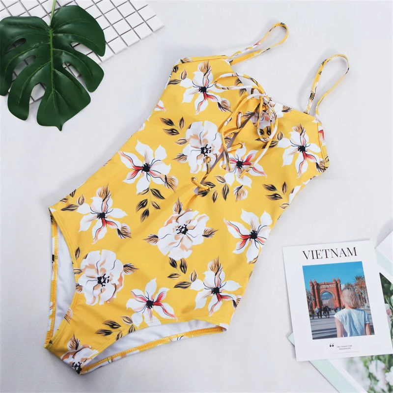 

Women Bodysuit One Piece Lace Up Swimsuit Yellow Bikini Swimwear Floral Print Swimsuit Women Summer Bathing Suit XL Beachwear