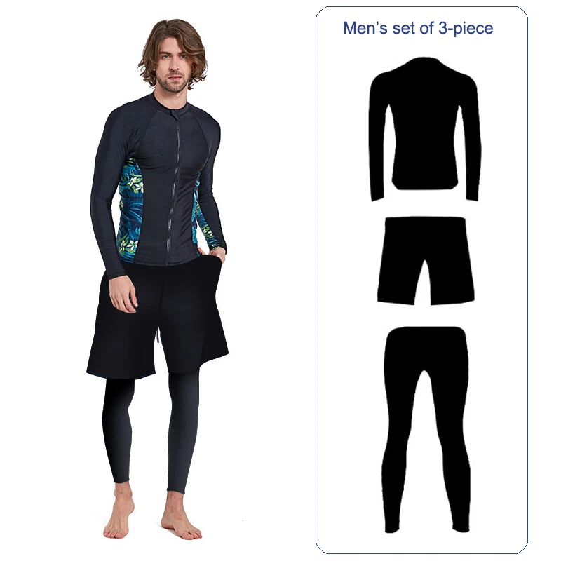 3 piece Mens Sun Protection Swim Shirts Trunks Rash Guard Swim Tee Long