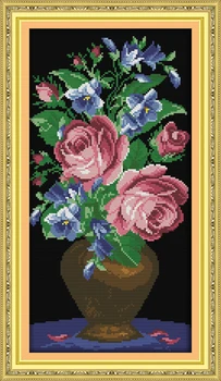 

The roses in a glass vase flower cross stitch kits 14ct white 11ct printed embroidery DIY handmade needle work wall home decor