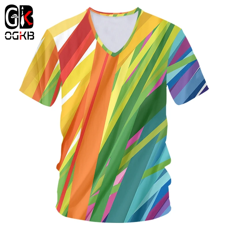 

OGKB V-neck Tshirt Women/men Cool Print Rainbow King 3D T-shirt Stripe T Shirts Unisex Slim Fit Short Sleeve Casual Tees 7XL