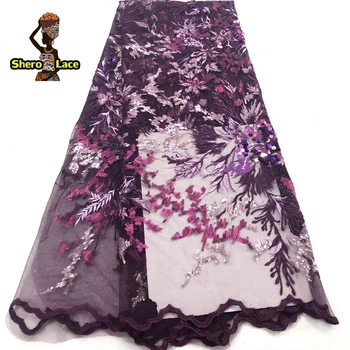 

Purple color nigerian lace fabric 2019 fashion flower embroidery african tulle french lace fabric with sequins for wedding dress