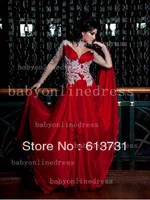 Custom Made Sexy Long Sleeve V Neck Floor Length Red Satin Appliqued Arabic Dubai Abaya Kaftan Long Evening Dresses Women 2013