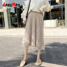 Летняя сетчатая юбка в горошек, винтажная Женская Корейская длинная розовая юбка с высокой талией, Женская плиссированная юбка макси для женщин