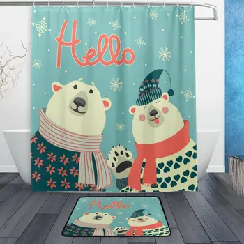 

Cute Polar Bear Say Hello Waterproof Polyester Fabric Shower Curtain with Hooks Doormat Bath Floor Mat Bathroom Home Decor