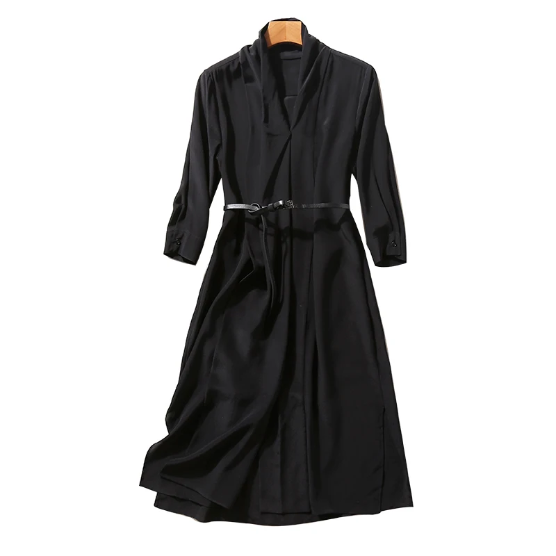 Шелковое женское платье, элегантный стиль, v-образный вырез, рукав три четверти, на пуговицах, с поясом, однотонная ткань, осень, новая мода