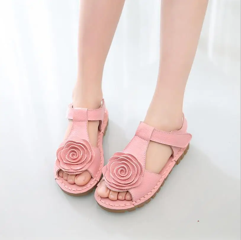 Smgslib сандалии из натуральной кожи принцесса цветок мягкая подошва обувь для школьниц 2018 Лето Красный Белый Розовый Дети плоские сандалии