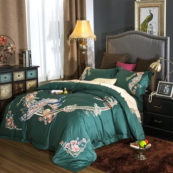 

100S Egyptian Cotton Luxury Oriental Peacock Embroidery Bedding Set Green Pink Duvet Cover Bed sheet Bed Linen Pillowcases 4pcs