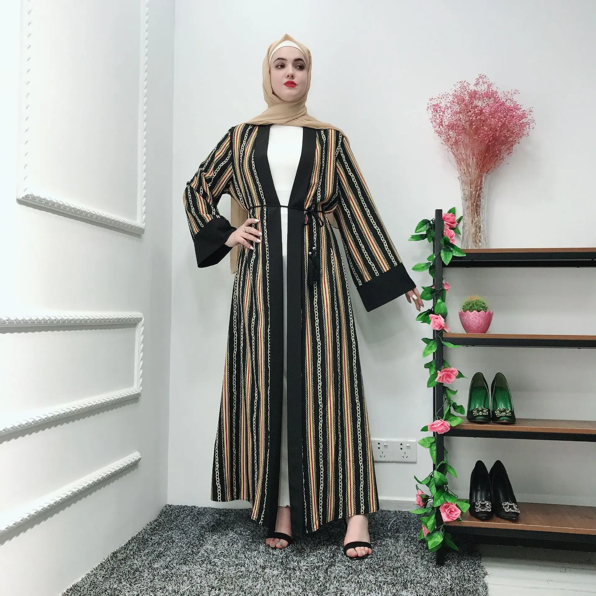 

Summer Maxi Long Dress XXL size Cardigan Striped Ethnic Printing Cool Dressing Gowns Female Arabian Abaya Dress New Vestidos