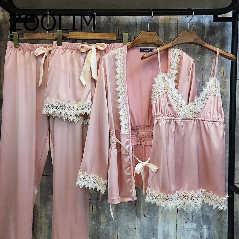

2018 Ladies Sexy Silk Women Satin Sleepwear Lace Robe+Nightdress+Top+Pant 4 Pieces Fashon Pajamas Set Nightwear Homewear Pyjama