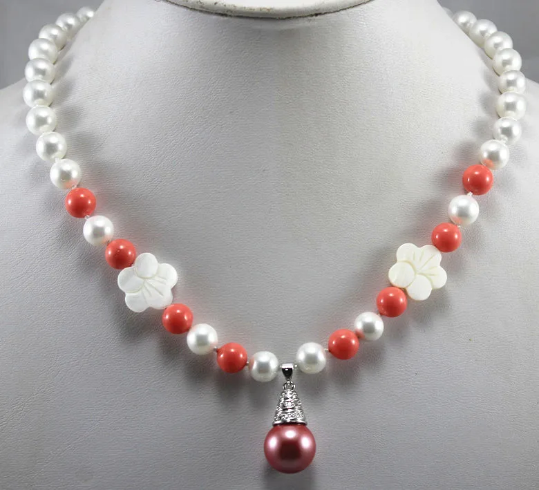 

hot& wholesale/retail 8mm white/orange shell pearl mixed white flower necklace & 14mm pearl pendant