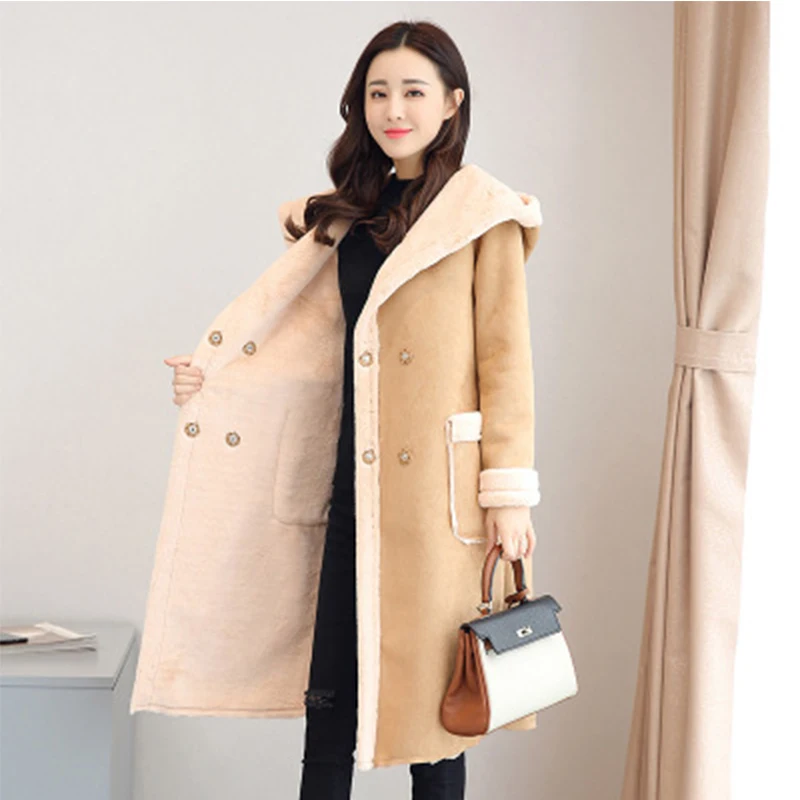 

Lamb wool jackets female middle and long autumn and winter new thicker Cape velvet overcoat cotton-padded woman leisure coat