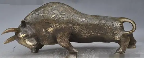 

S00694 19"folk chinese fengshui bronze Bull Ox Cattle Bovine flower auspicious statue B0403
