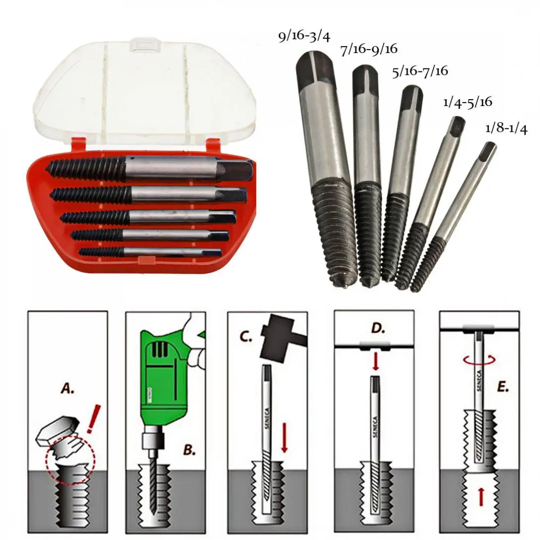 

5pcs/set High-carbon Steel Screw Extractor Easy Out Set Drill Bits with Plastic Box for Removing Broken Bolts