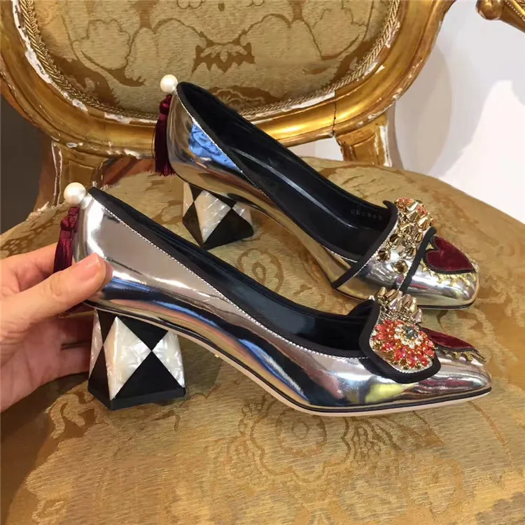 

2018 New Shoes Woman Spring Summer Designer Leather Pumps Shallow Square Toe High Heels Woman Pumps Rivets Buckle Retro Pumps