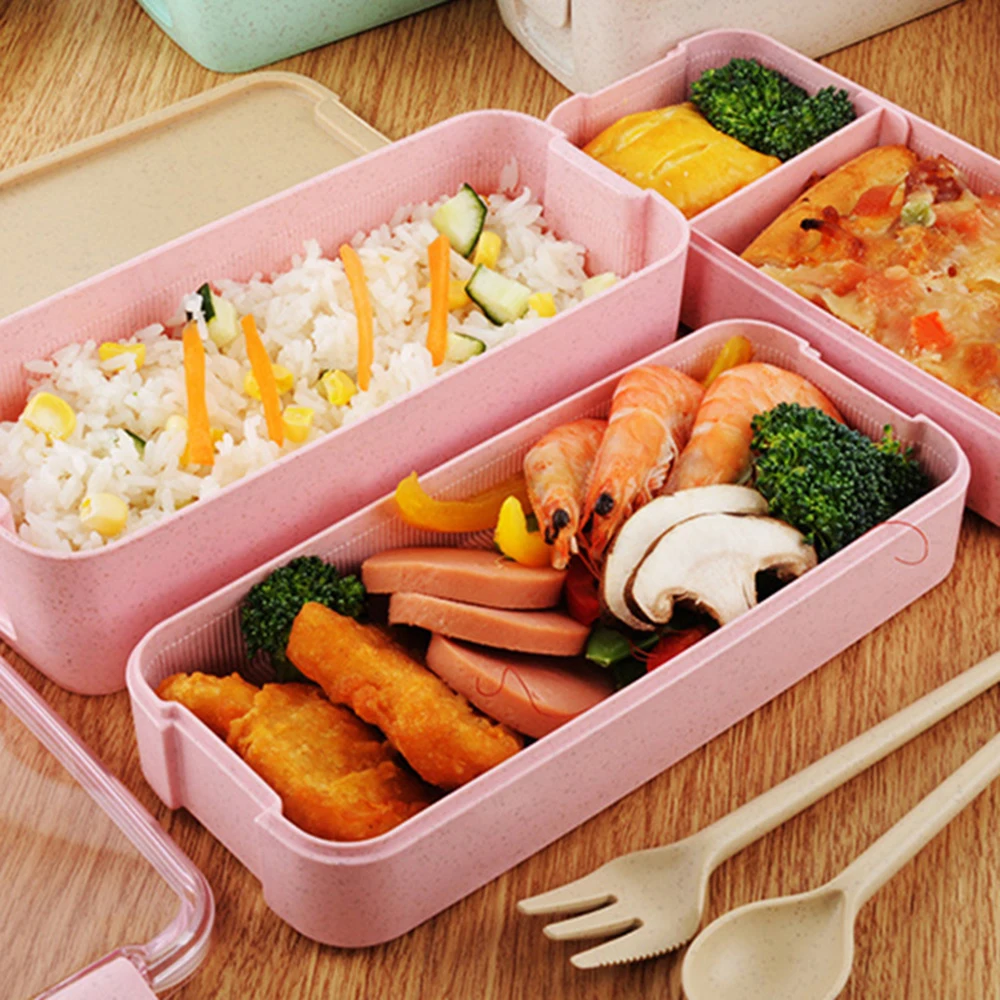 Контейнер для хранения продуктов в микроволновой печи Посуда 3 слоя пшеничной соломы Bento коробки 900 мл портативный здоровый материал Ланч-бокс 3 цвета