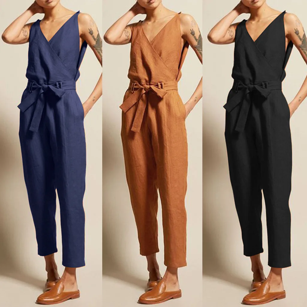 

Women Overall Casual Rompers Sleeveless V-Neck Belt Slim Plus Size Jumpsuit Linen Long Playsuit Sexy Bodysuit mono mujer verano