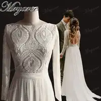 Mryarce Unique Lace Long Sleeves Open Back Hippie Style Wedding Dress Chiffon Detachable Train Boho Chic Rustic Bridal Gowns