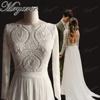 Mryarce Unique Lace Long Sleeves Open Back Simple Elegant Wedding Dress Chiffon Detachable Train  Bridal Gowns 1