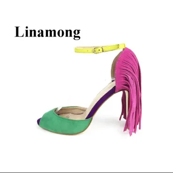 

2018 Newest Fashion Popular Peep Toe Fringe Buckle Strap Mixed Colors Thin High Heel Summer Women Sandals High Quality