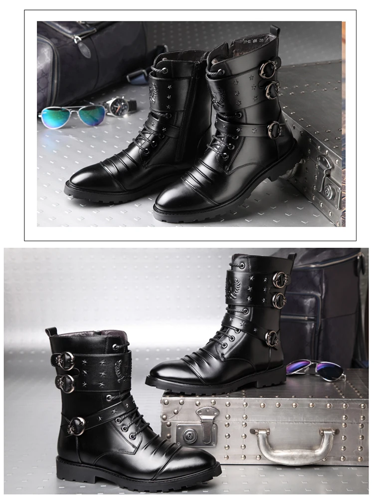 Yeinshars/мужские ботинки из натуральной кожи; Теплая мужская повседневная обувь; кожаная обувь с пряжкой на ремешке; мужские зимние мотоциклетные ботинки с высоким берцем
