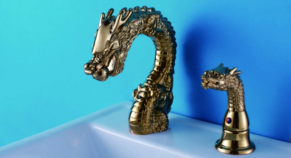 Free ship GOLD WIDESPREAD LAVATORY BATHROOM SINK DRAGON FAUCET mixer