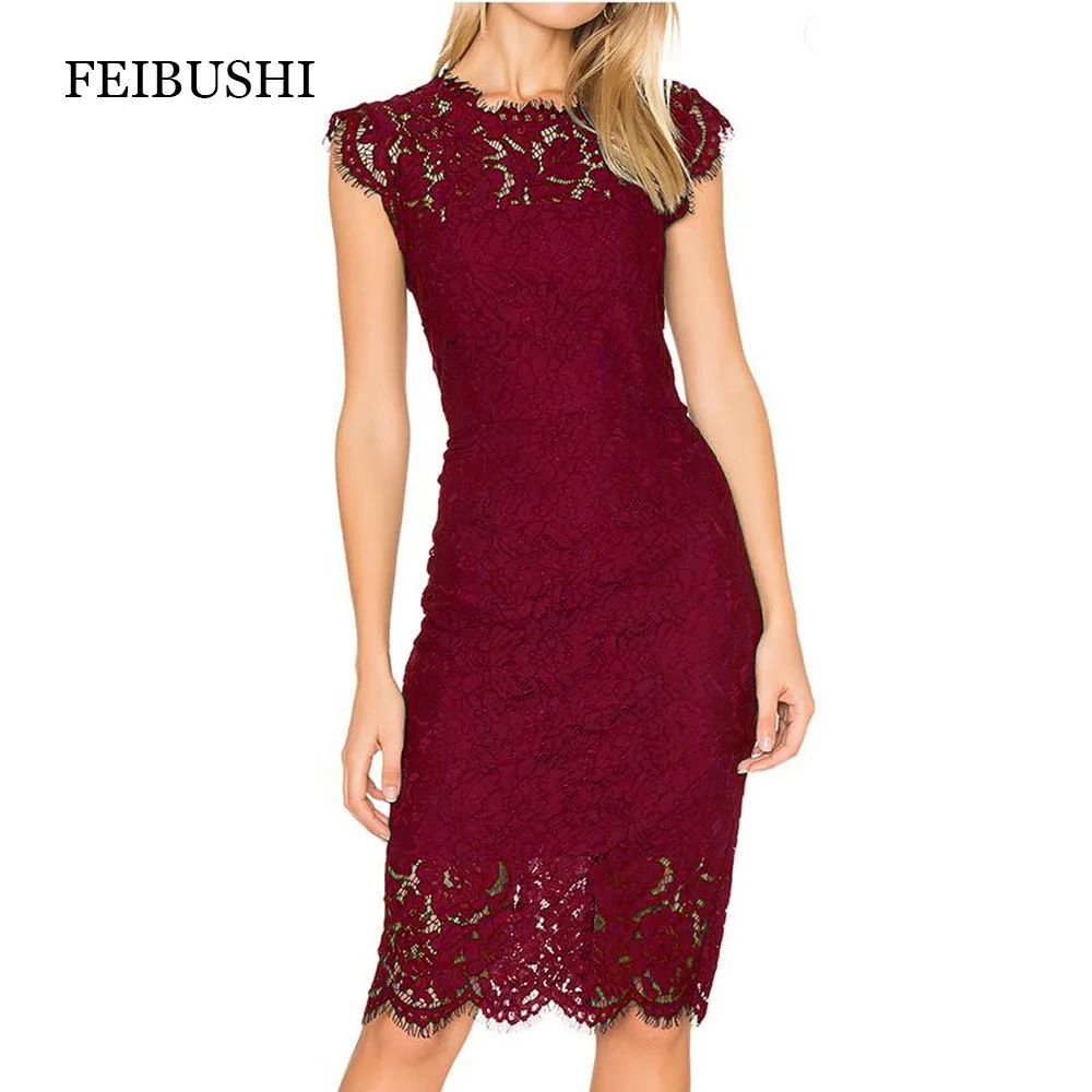 FEIBUSHI Elegant Wedding Party Lace dresses women Black Retro Tunic Slim Work Business Casual Party Bodycon Pencil Dress