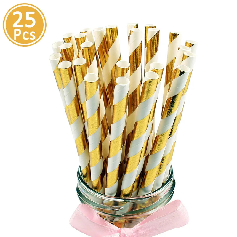 25 шт. полосатые бумажные соломинки для питья, Выпускные вечерние украшения, класс, выпускные принадлежности, поздравительные подарки на свадьбу, день рождения - Цвет: gold stripe