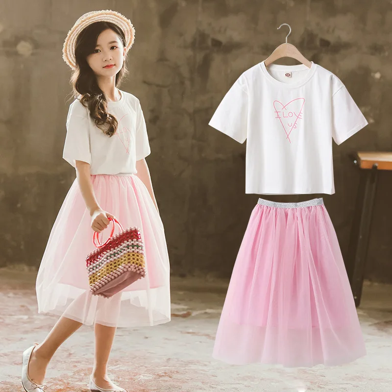 

Girls Costume Summer Teen Girls Clothing Set White T shirt Pink Mesh Skirt Suit for Kids Tracksuit Children Clothes 10 12 Year