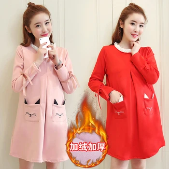 

New maternity tops dress thick winter clthoes with velvet pregnant women antumn cute cat sweater clothing pregnancy fashion