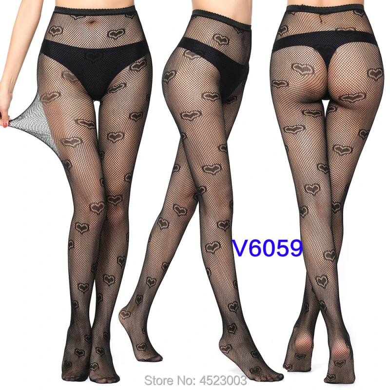 Women Tights Stockings Female Thigh High Fishnet Embroidery Transparent Pantyhose Lady Black Mesh Hosiery - Цвет: V6059