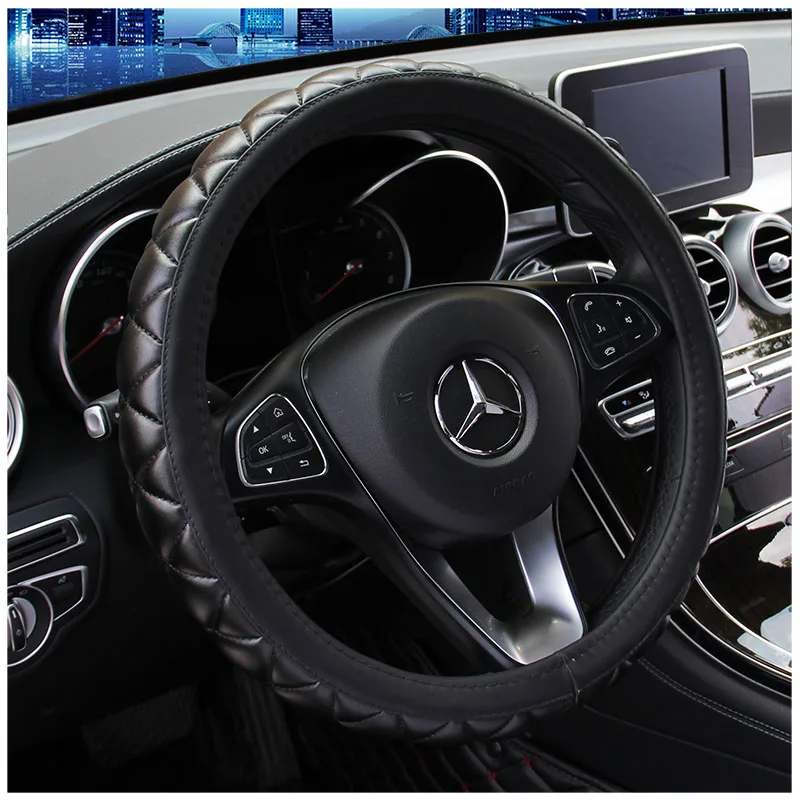 

KKYSYELVA Black Car Sport Steering Wheel Cover Leather Auto Steering Covers Universal 38CM wheel covers Car Inter Accessories