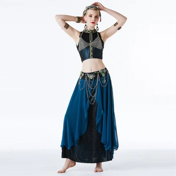 

New Women Oriental Dance Costume ATS Style Blouse Chiffon Skirt Set Performance Outfit Red Navy Blue S-L