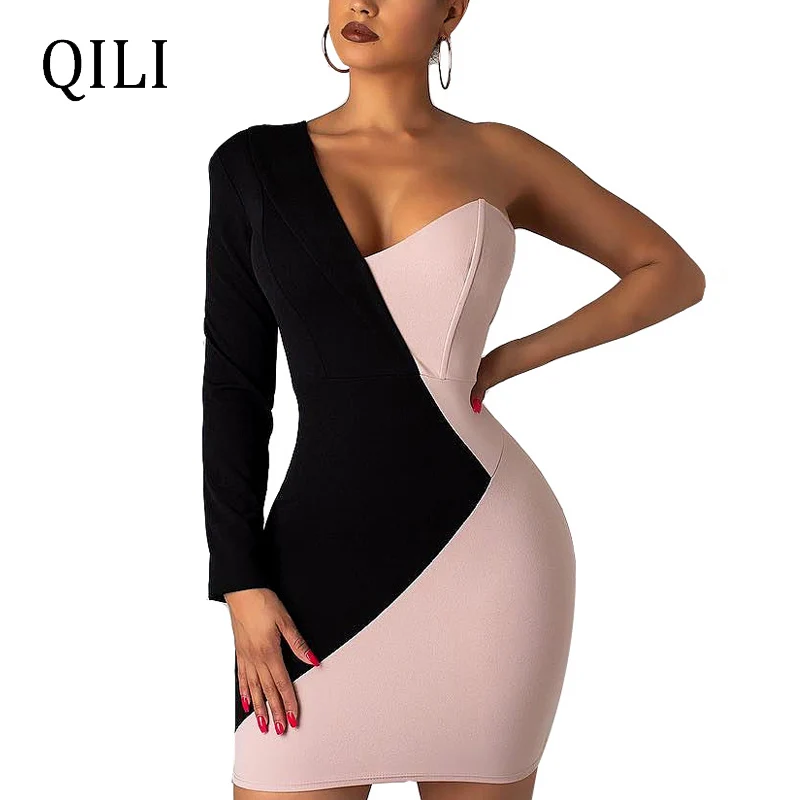 

QILI Women One Shoulder Long Sleeve Dress Patchwork Short Wrap Mini Dresses Spring Summer Women Office Dress