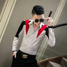 Fashion Men Shirt Hot Sale Patchwork Color Long Sleeve Mens Casual Shirts Slim Fit All Match Casual Shirts Men Club Tuxedo