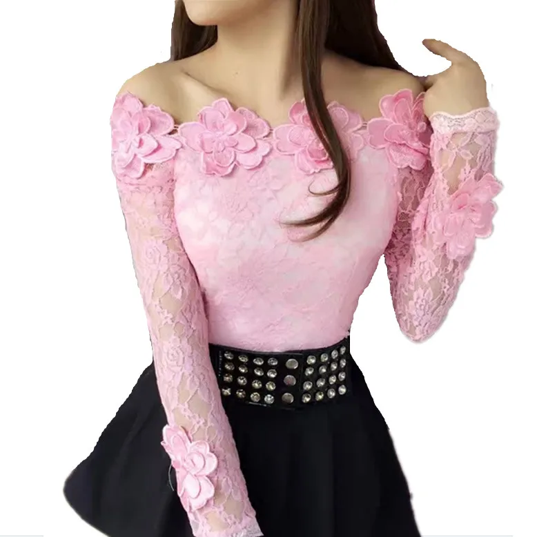 

autumn winter women Embroidered 3D flowers lace shirt long-sleeved shot style tops sexy soild color blouse 0816