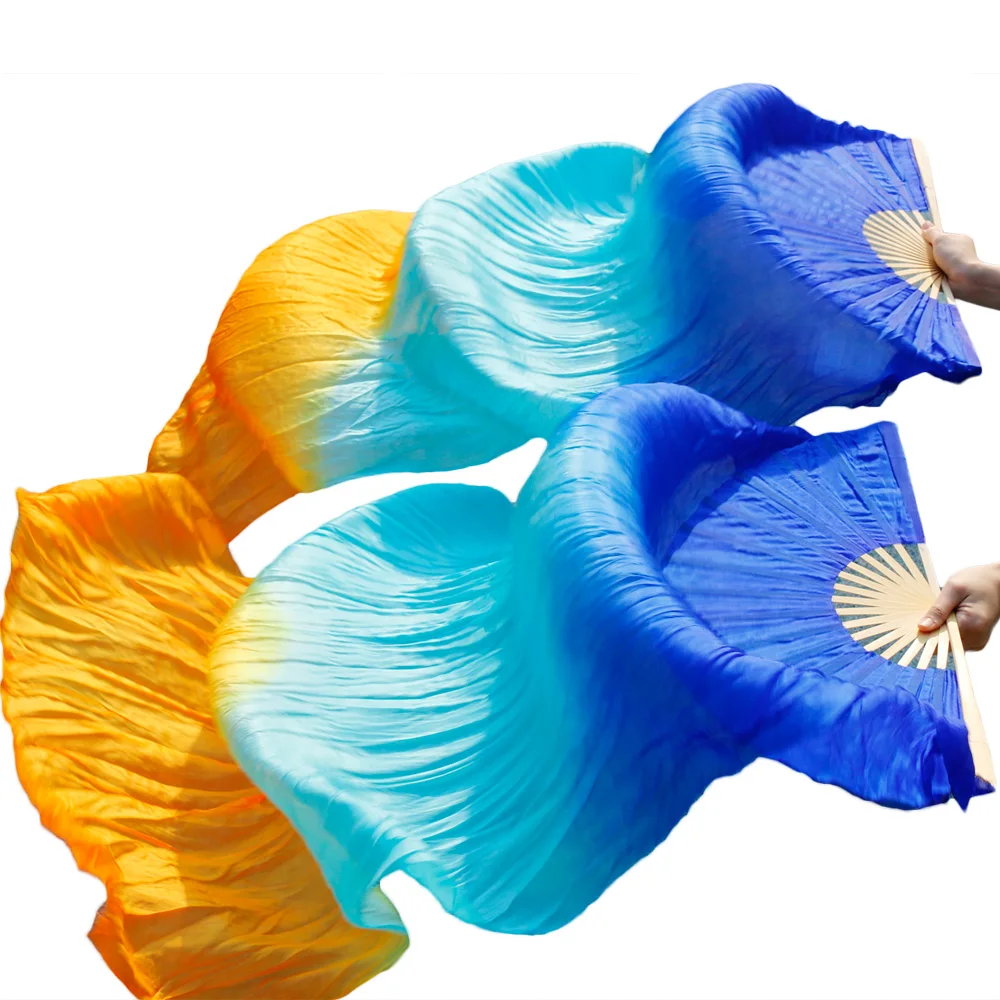 2018 Newest Belly Dance 100% Silk Fans Handmade Dance Fans 1 Left Hand+1 Right Hand Royal blue + Turquoise + Orange