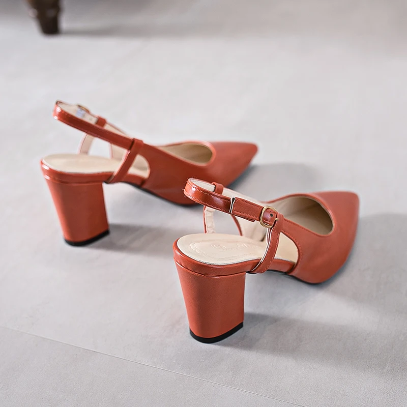 Туфли на высоком каблуке; женские модные туфли-лодочки на толстом высоком каблуке с заостренным носком и пряжкой; Летняя обувь; цвет оранжевый, красный, бежевый, абрикосовый; большие размеры 34-39; f062