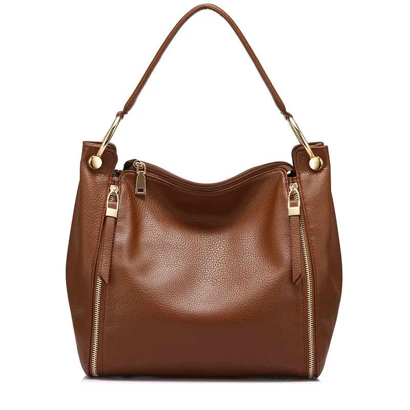 REALER женская кожанная сумка с короткими ручками, большая сумка через плечо для женщин, дамские сумки мешок - Цвет: Brown