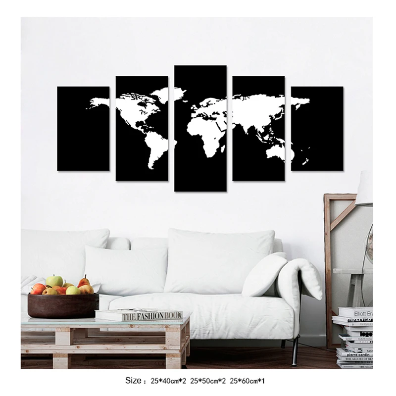 197 5 Pièces Noir Et Blanc Carte Du Monde Toile Art Impression Peinture Pour Salon Maison Décorative Chambre In Peinture Et Calligraphie From