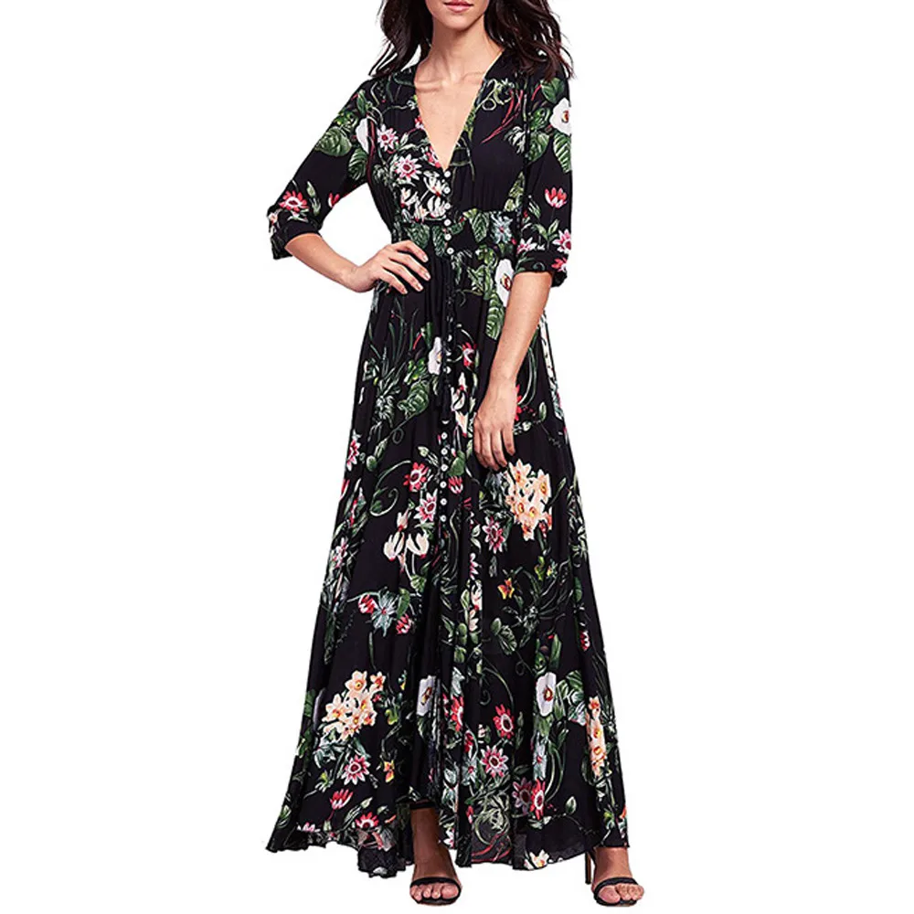 

Sexy Women Floral Embroidery Floor-Length Dress Sheer Mesh Summer Boho A-line Dress See-through Black Dress 2018 Vestido OT19