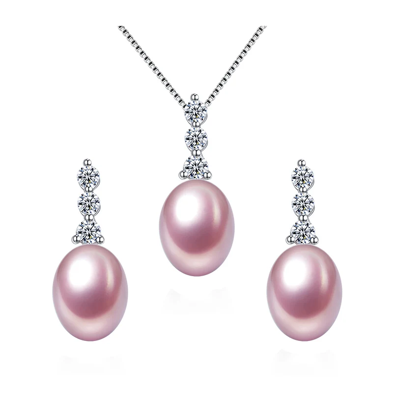 TZ2076EP fine jewelry Set Natural pearl silver Stud earring pendant necklace set purple pearl set