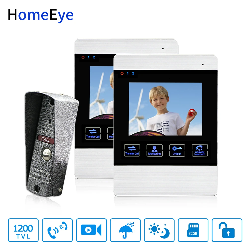 HomeEye Video Door Phone Video Intercom Doorbell 1200TVL Camera 4'' Monitor Video Record Unlock Door 1-2 Security Access System