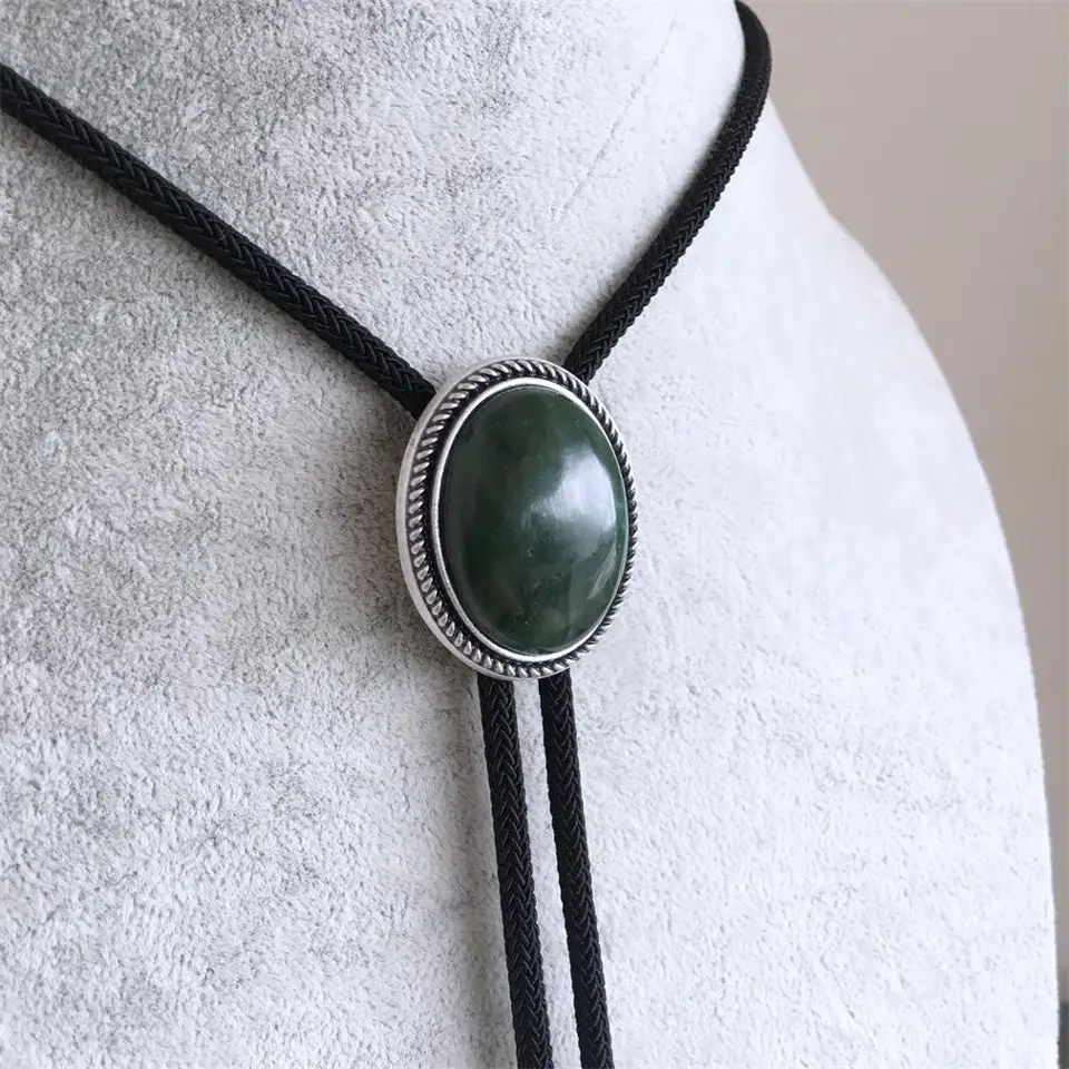 Original Vintage Silver Plated Handcraft Nature ZA Greenstone Wedding Oval Tie